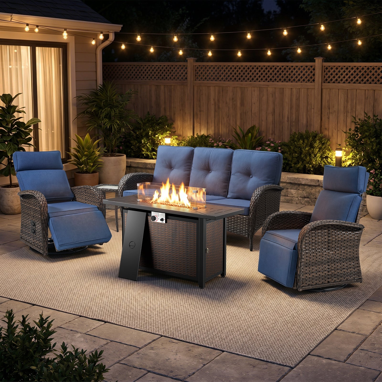 Gymojoy 5-Piece Wicker Patio Furniture Set with 43" Propane Fire Pit Table, Outdoor Swivel Recliner Chairs with Adjustable Backrest & Footrest