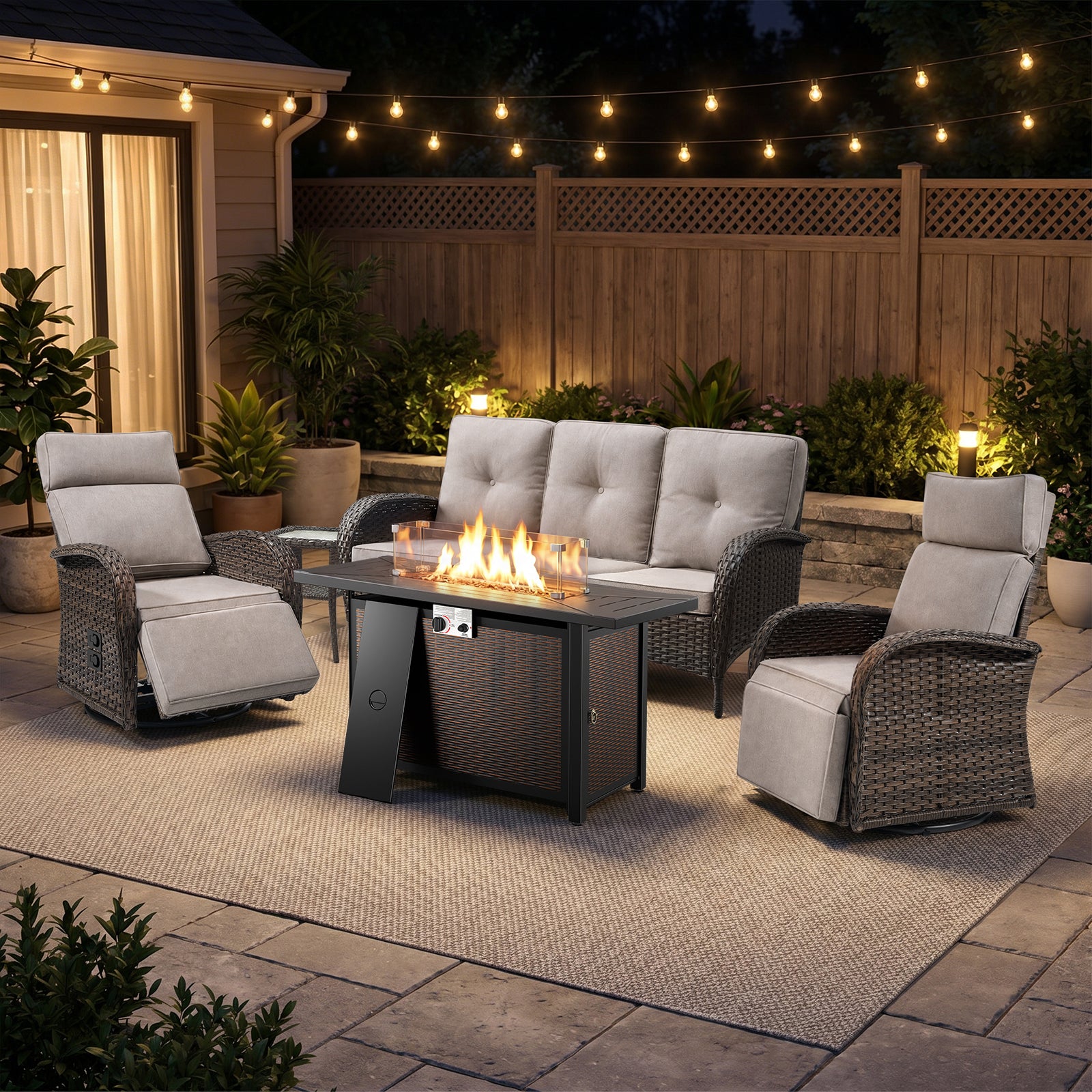 Gymojoy 5-Piece Wicker Patio Furniture Set with 43" Propane Fire Pit Table, Outdoor Swivel Recliner Chairs with Adjustable Backrest & Footrest
