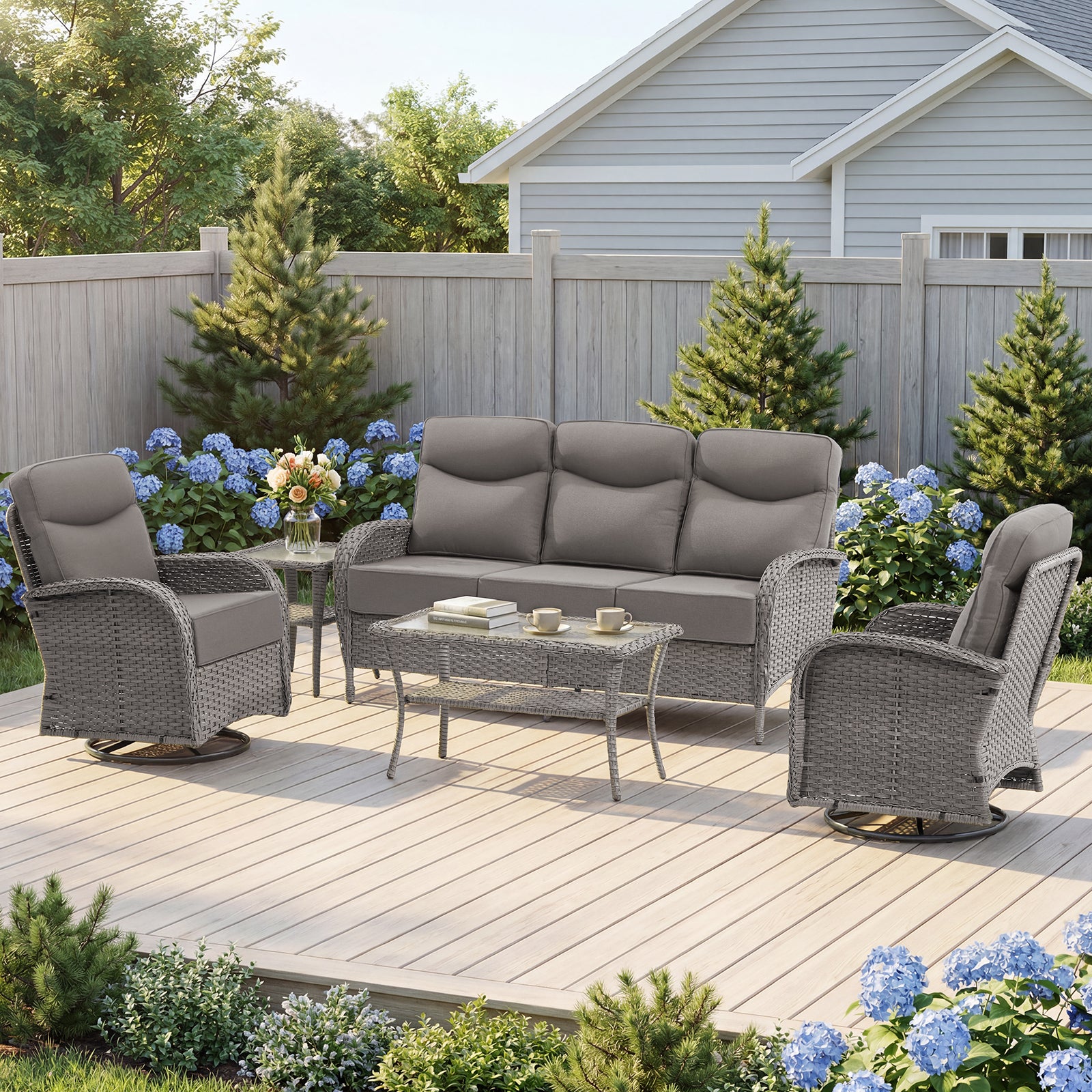 Gymojoy 5 Piece Patio Furniture Set High Back Outdoor Conversation Set with Sofa, Swivel Rocker Chairs, Side Table, Center Table and 6-inch Cushions