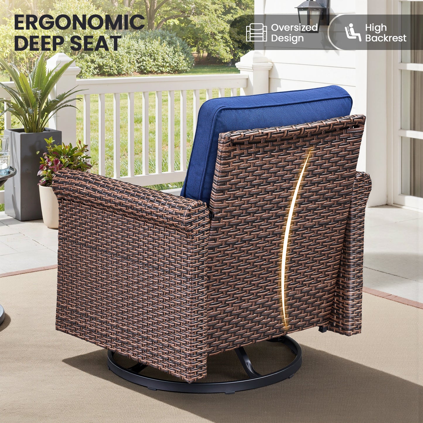 3-Piece Brown Wicker Patio Swivel Glider Outdoor Rocking Chairs with Side Table Olefin 4in. Thick Beige Cushions