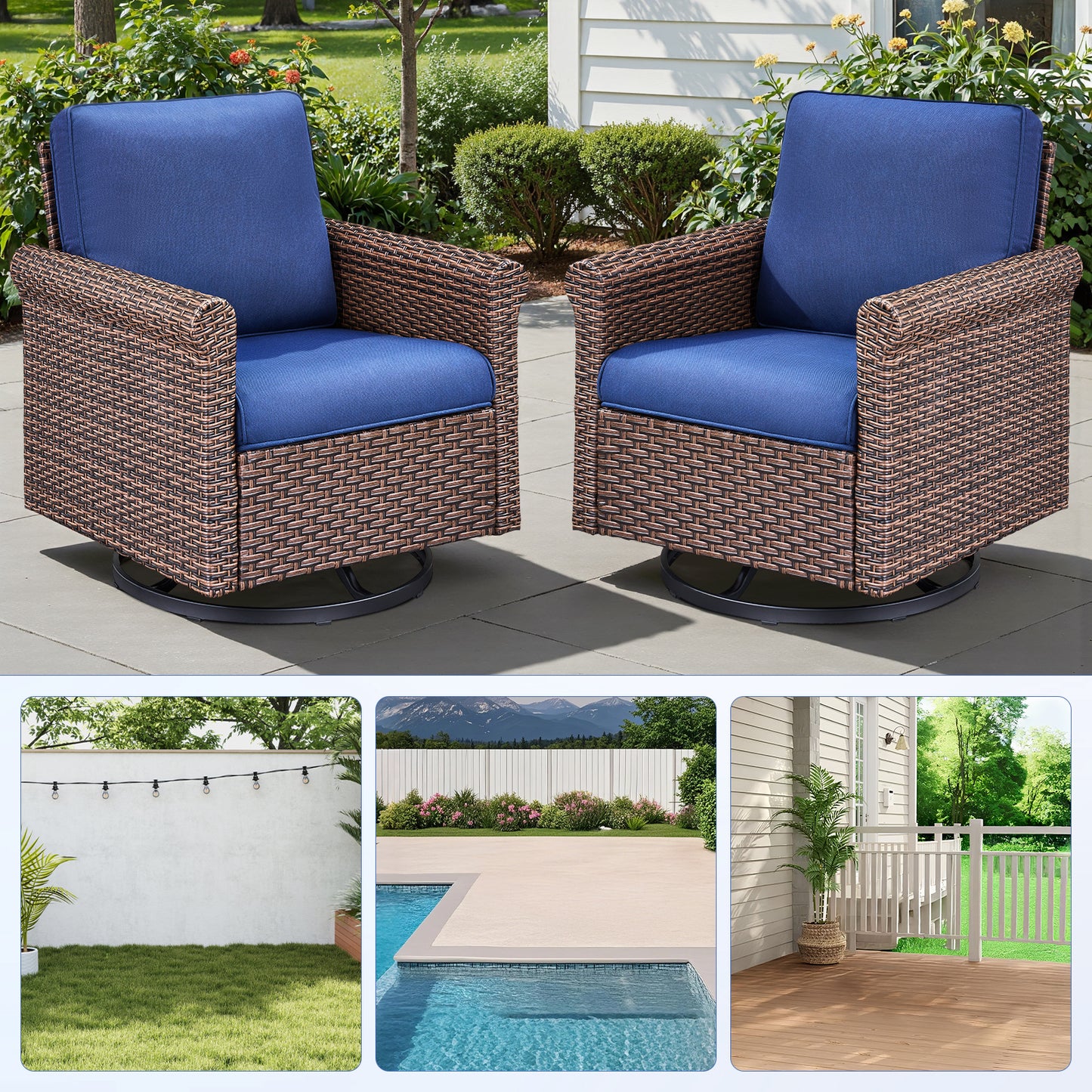 3-Piece Brown Wicker Patio Swivel Glider Outdoor Rocking Chairs with Side Table Olefin 4in. Thick Beige Cushions