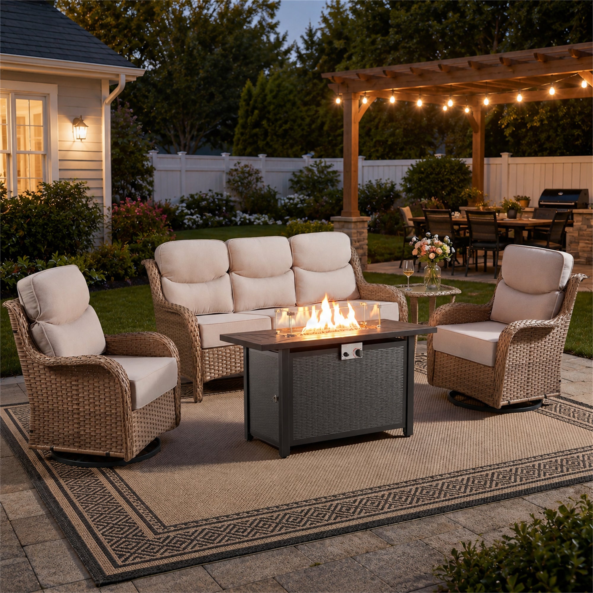 Gymojoy 5-Piece Wicker Patio Furniture Set with Fire Pit Table, Swivel Rocker Chairs, Sofa, Side Table and 6" Thick Cushions