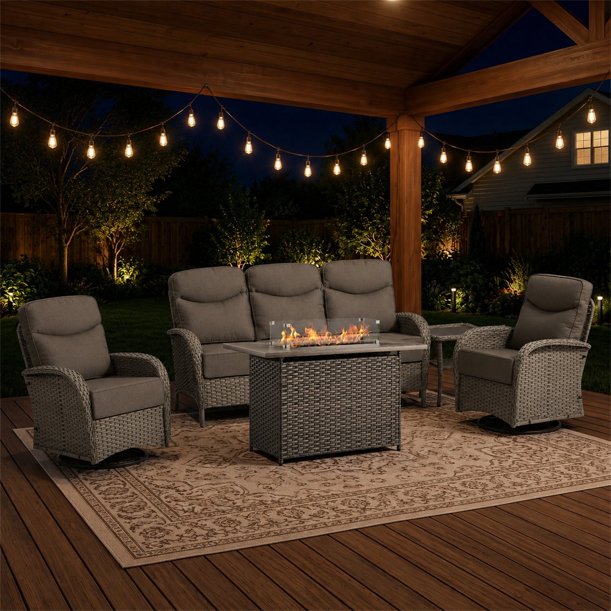 Gymojoy 5 Piece Patio Fire Pit Set with High Back Swivel Rocker Chairs, Sofa and Side Table, Outdoor Conversation Set with 6-inch Cushions