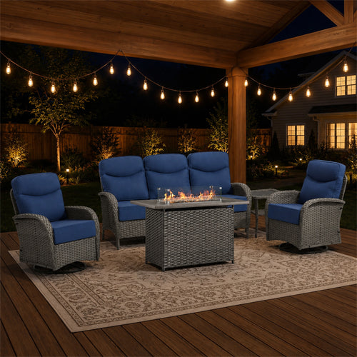 Gymojoy 5 Piece Patio Fire Pit Set with High Back Swivel Rocker Chairs, Sofa and Side Table, Outdoor Conversation Set with 6-inch Cushions