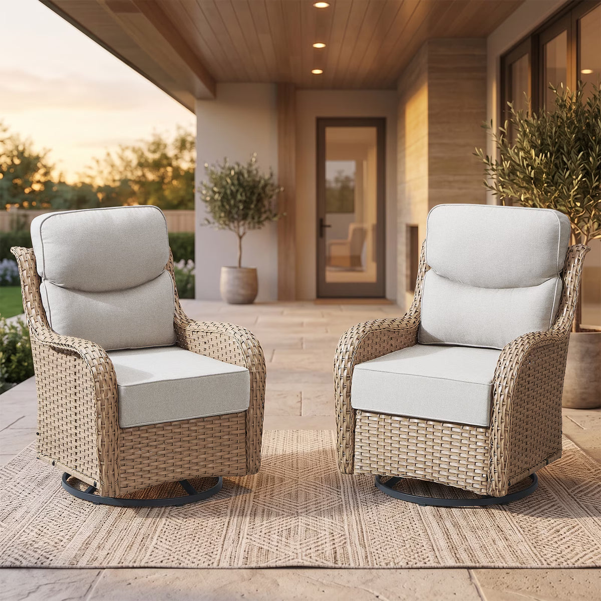 Gymojoy 2 Pieces Outdoor Patio Wicker Swivel Glider Rocker Chair with High Back Deep Seat and 6-inch Cushion, Beige