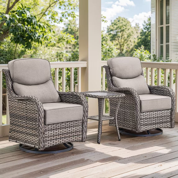 Gymojoy 3 Pieces Patio Furniture Set, Outdoor Swivel Glider Rocker, Wicker Patio Bistro Set with Rocking Chair, 6-inch Thick Cushions and Side Table for Porch