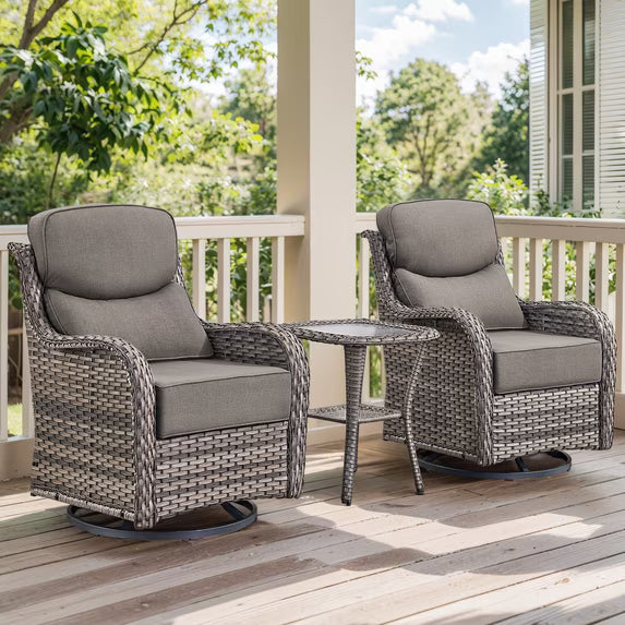 Gymojoy 3 Pieces Patio Furniture Set, Outdoor Swivel Glider Rocker, Wicker Patio Bistro Set with Rocking Chair, 6-inch Thick Cushions and Side Table for Porch