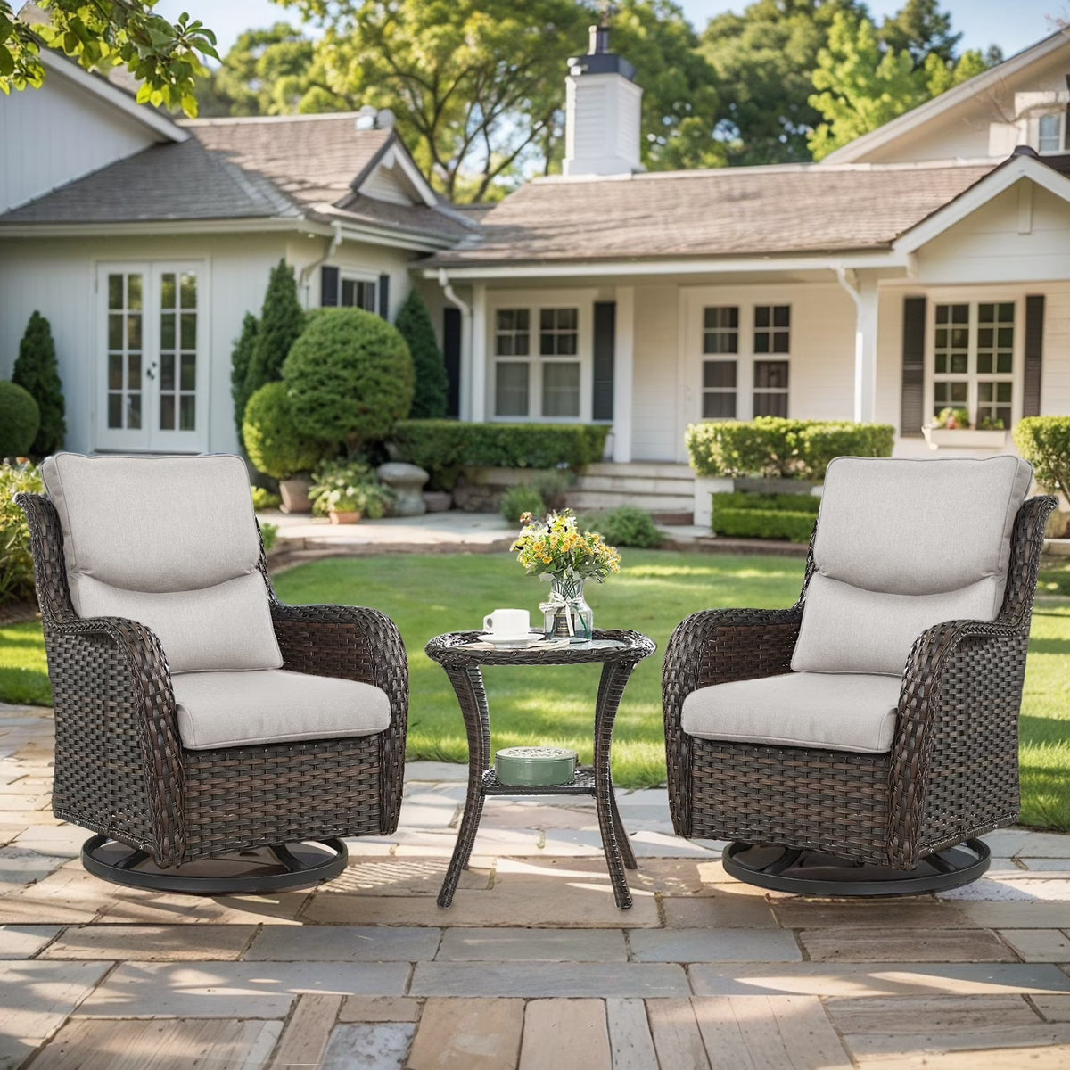 Gymojoy 3 Pieces Patio Furniture Set, Outdoor Swivel Gliders Rocker, Wicker Patio Bistro Set with Rattan Rocking Chair for Backyard,Porch