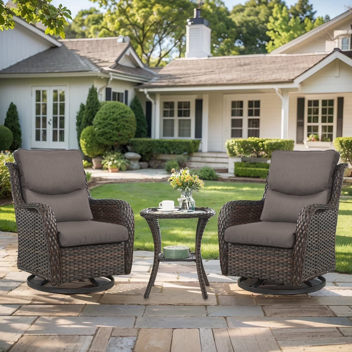 Gymojoy 3 Pieces Patio Furniture Set, Outdoor Swivel Gliders Rocker, Wicker Patio Bistro Set with Rattan Rocking Chair for Backyard,Porch