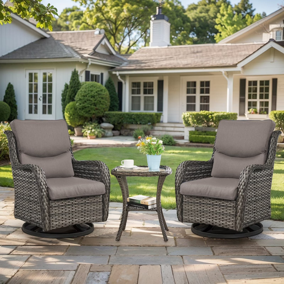Gymojoy 3 Pieces Patio Furniture Set, Outdoor Swivel Gliders Rocker, Wicker Patio Bistro Set with Rattan Rocking Chair for Backyard,Porch