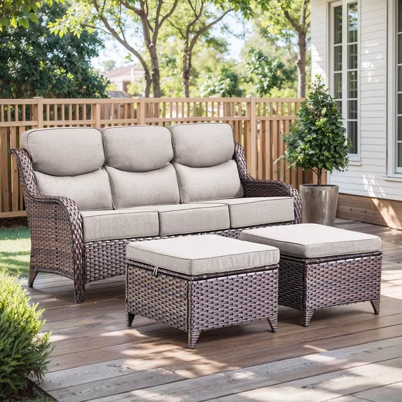 Gymojoy 3-Seat Patio Wicker Sofa Outdoor Rattan Couch Furniture Steel Frame with 6 in. Cushions and Ottoman for Porch Deck Garden