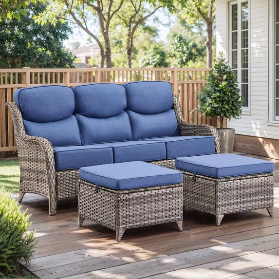 Gymojoy 3-Seat Patio Wicker Sofa Outdoor Rattan Couch Furniture Steel Frame with 6 in. Cushions and Ottoman for Porch Deck Garden