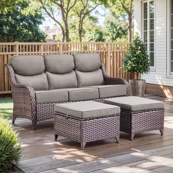 Gymojoy 3-Seat Patio Wicker Sofa Outdoor Rattan Couch Furniture Steel Frame with 6 in. Cushions and Ottoman for Porch Deck Garden