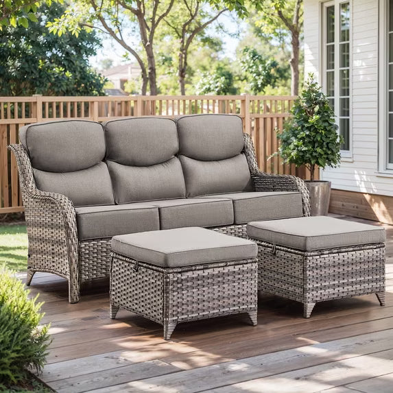 Gymojoy 3-Seat Patio Wicker Sofa Outdoor Rattan Couch Furniture Steel Frame with 6 in. Cushions and Ottoman for Porch Deck Garden
