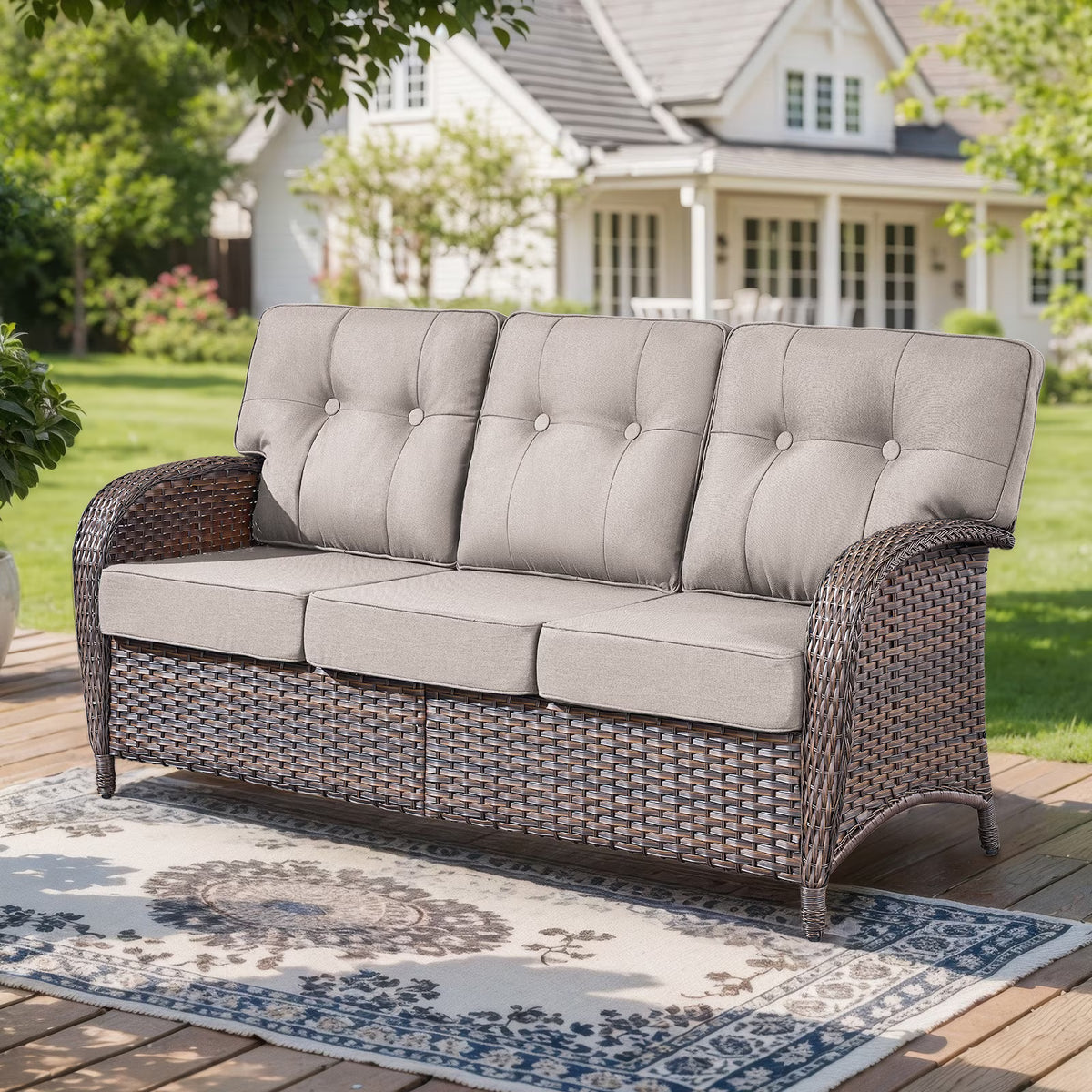 Gymojoy 3-Seater Wicker Patio Sofa, Outdoor Rattan Deep Seat Couch with 5" Thick Cushions for Porch Garden Poolside