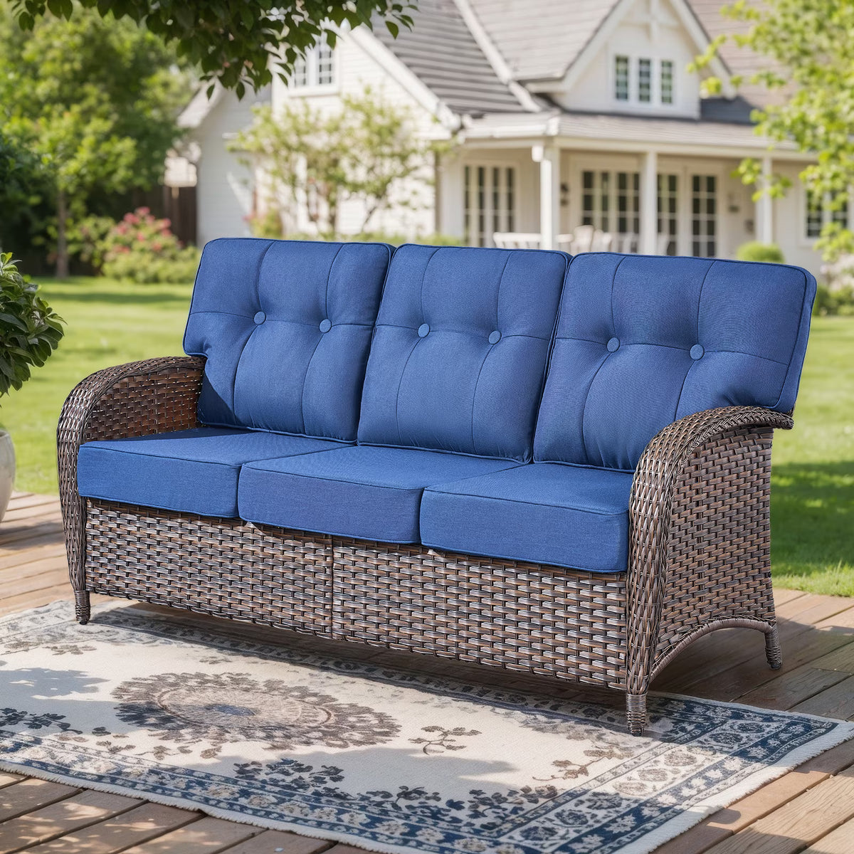 Gymojoy 3-Seater Wicker Patio Sofa, Outdoor Rattan Deep Seat Couch with 5" Thick Cushions for Porch Garden Poolside