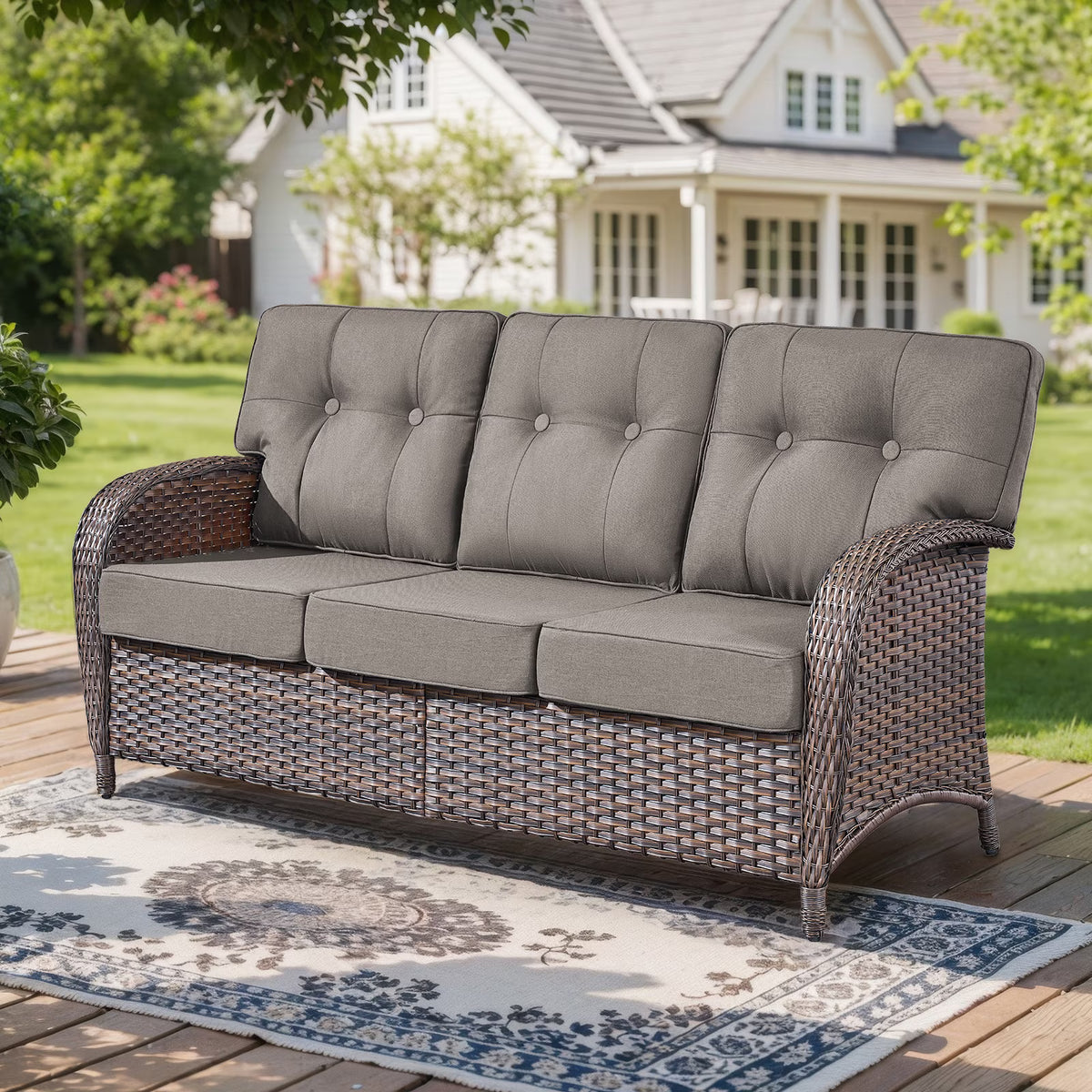 Gymojoy 3-Seater Wicker Patio Sofa, Outdoor Rattan Deep Seat Couch with 5" Thick Cushions for Porch Garden Poolside