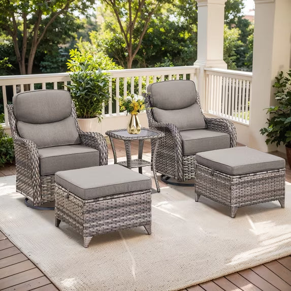 Gymojoy 5-Pieces Patio Highback swival chairs with ottoman All Weather Deep Seat Outdoor Conversation Rocking Chairs Set for Backyard,Balcony