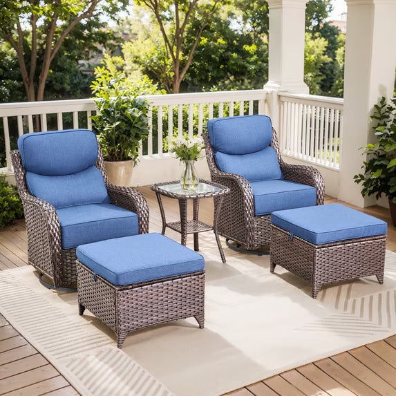 Gymojoy 5-Pieces Patio Highback swival chairs with ottoman All Weather Deep Seat Outdoor Conversation Rocking Chairs Set for Backyard,Balcony