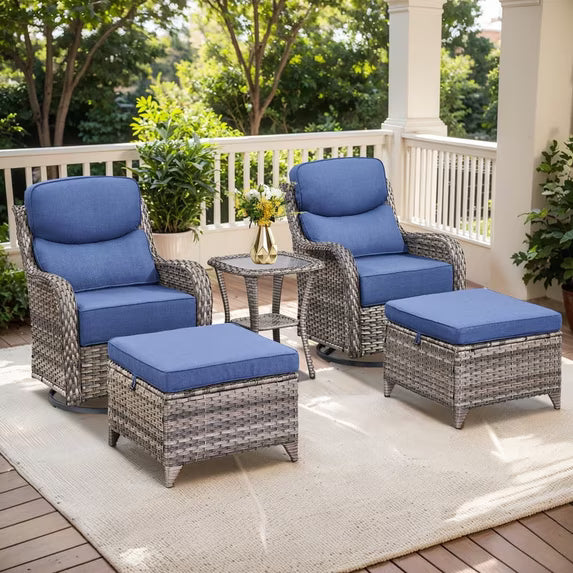 Gymojoy 5-Pieces Patio Highback swival chairs with ottoman All Weather Deep Seat Outdoor Conversation Rocking Chairs Set for Backyard,Balcony