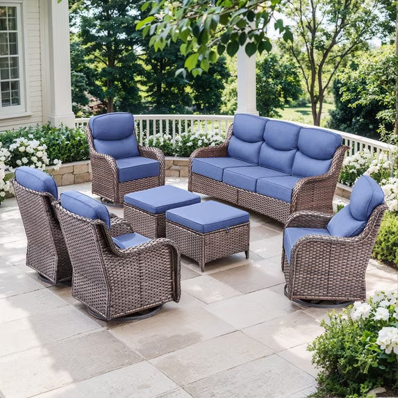 Gymojoy 7 Pieces Wicker Patio Conversations Sets, Patio Swivel Glider Chair with 6 inch Thick Cushions for Garden, Poolside, Backyard