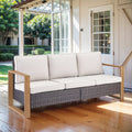 Gymojoy All-weather outdoor Wicker Seactional Couch, 3 seater outdoor High back Wicker sofa, Brown wicker and cushion, garden, backyard, porch