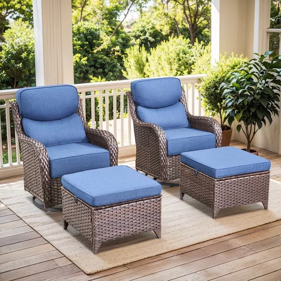 Gymojoy Outdoor Patio Furniture Set - 4 Piece Patio Conversation Set with Swivel Rocker Chairs and Ottomans, 6 inch Cushions, High Back, Deep Seating, for Porch Deck Garden