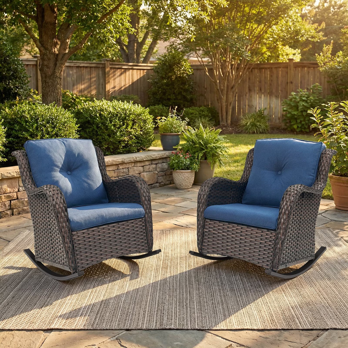 Gymojoy Patio Wicker Rocking Chair Set of 2, Outdoor Rocker Seating with Cushions for Porch Deck Balcony