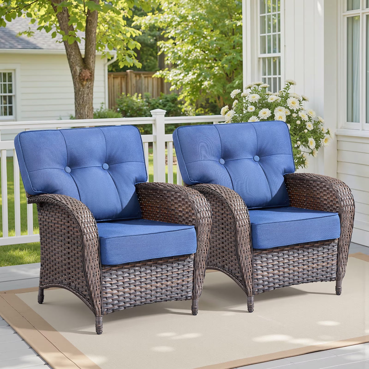 Gymojoy Set of 2 All-Weather Wicker Patio Chairs, Deep Seat Rattan Lounge Armchairs with Thick Cushions
