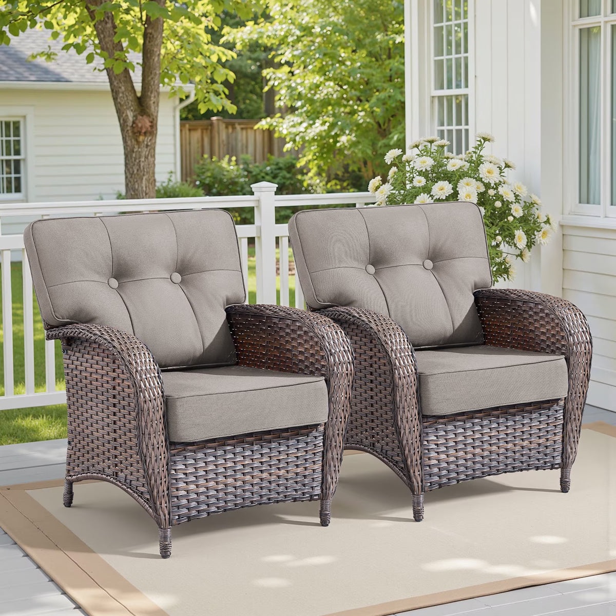 Gymojoy Set of 2 All-Weather Wicker Patio Chairs, Deep Seat Rattan Lounge Armchairs with Thick Cushions