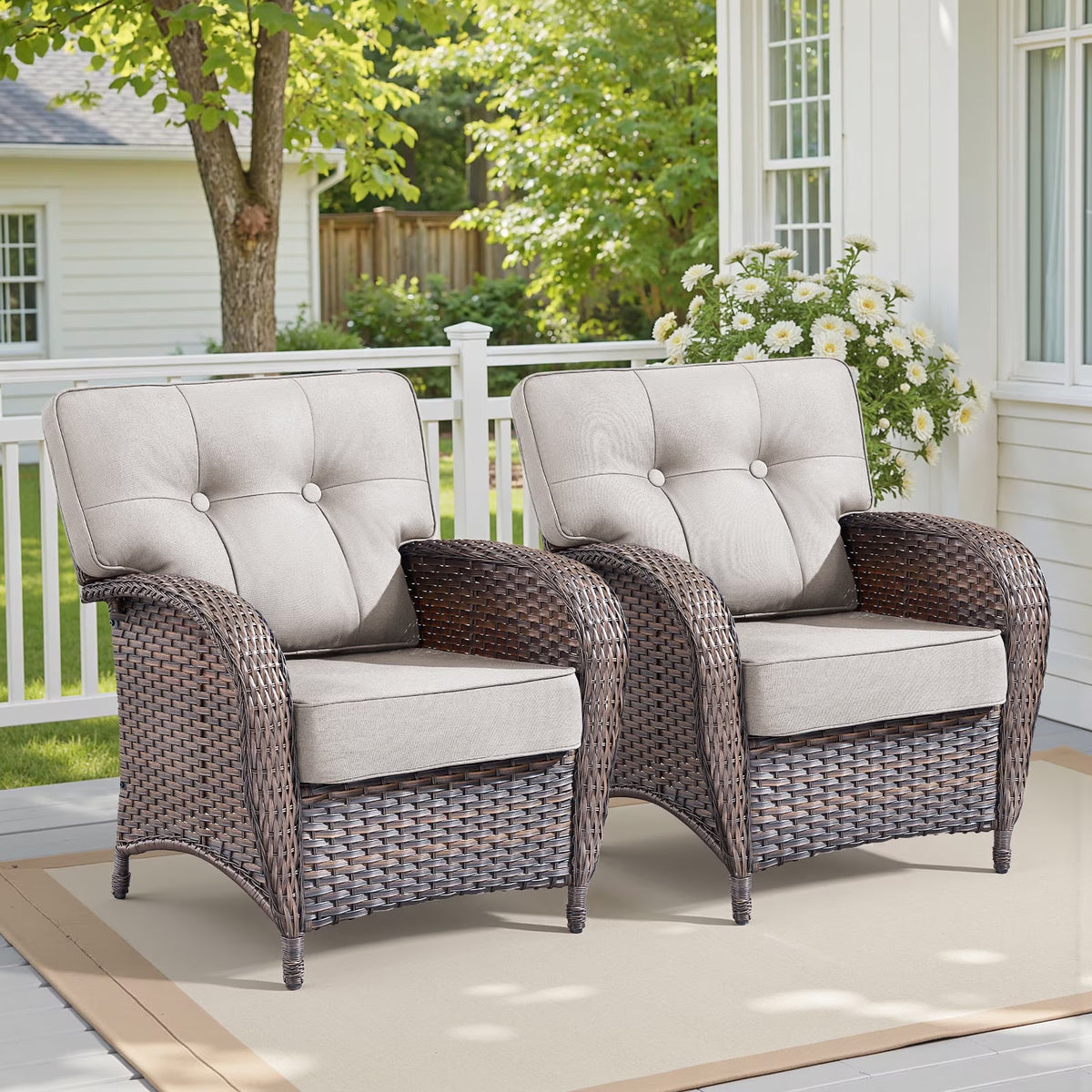 Gymojoy Set of 2 All-Weather Wicker Patio Chairs, Deep Seat Rattan Lounge Armchairs with Thick Cushions