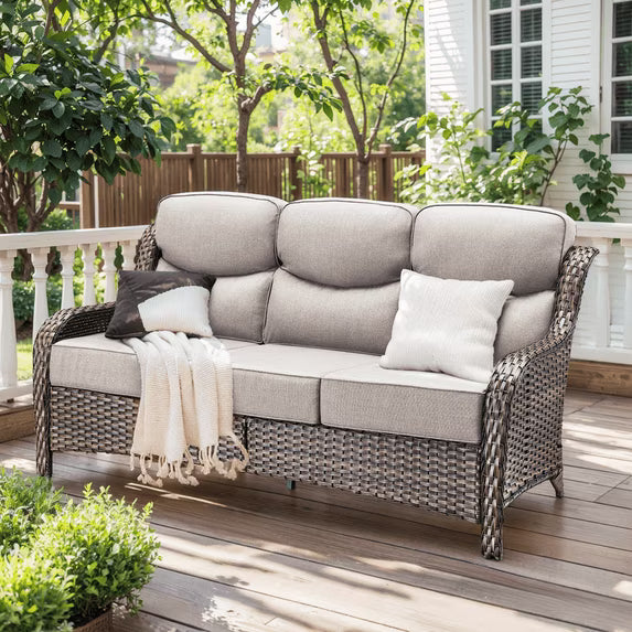 Gymojoy All Weather Wicker Patio Couch, 3 Seats Patio Sofa with High Curvy Back, Premium Outdoor Sofa with Brown Wicker and 6-inch Thick Cushions