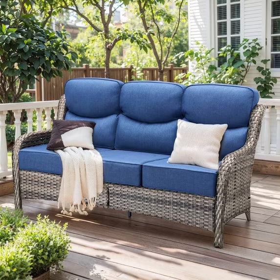 Gymojoy All Weather Wicker Patio Couch, 3 Seats Patio Sofa with High Curvy Back, Premium Outdoor Sofa with Brown Wicker and 6-inch Thick Cushions
