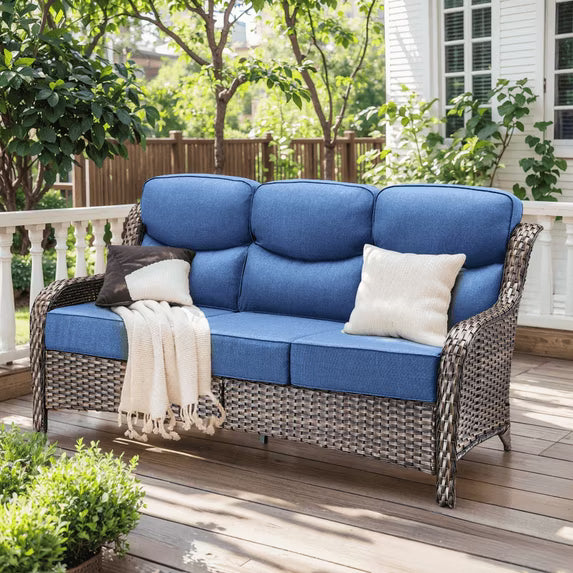 Gymojoy All Weather Wicker Patio Couch, 3 Seats Patio Sofa with High Curvy Back, Premium Outdoor Sofa with Brown Wicker and 6-inch Thick Cushions