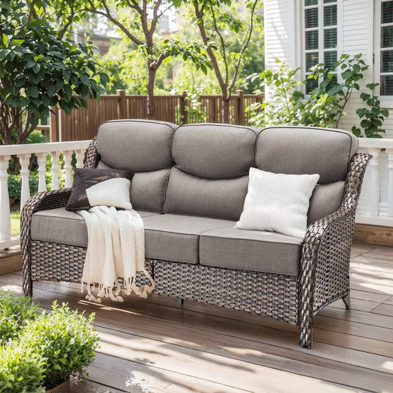 Gymojoy All Weather Wicker Patio Couch, 3 Seats Patio Sofa with High Curvy Back, Premium Outdoor Sofa with Brown Wicker and 6-inch Thick Cushions