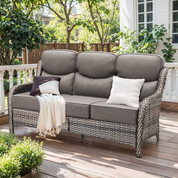 Gymojoy All Weather Wicker Patio Couch, 3 Seats Patio Sofa with High Curvy Back, Premium Outdoor Sofa with Brown Wicker and 6-inch Thick Cushions