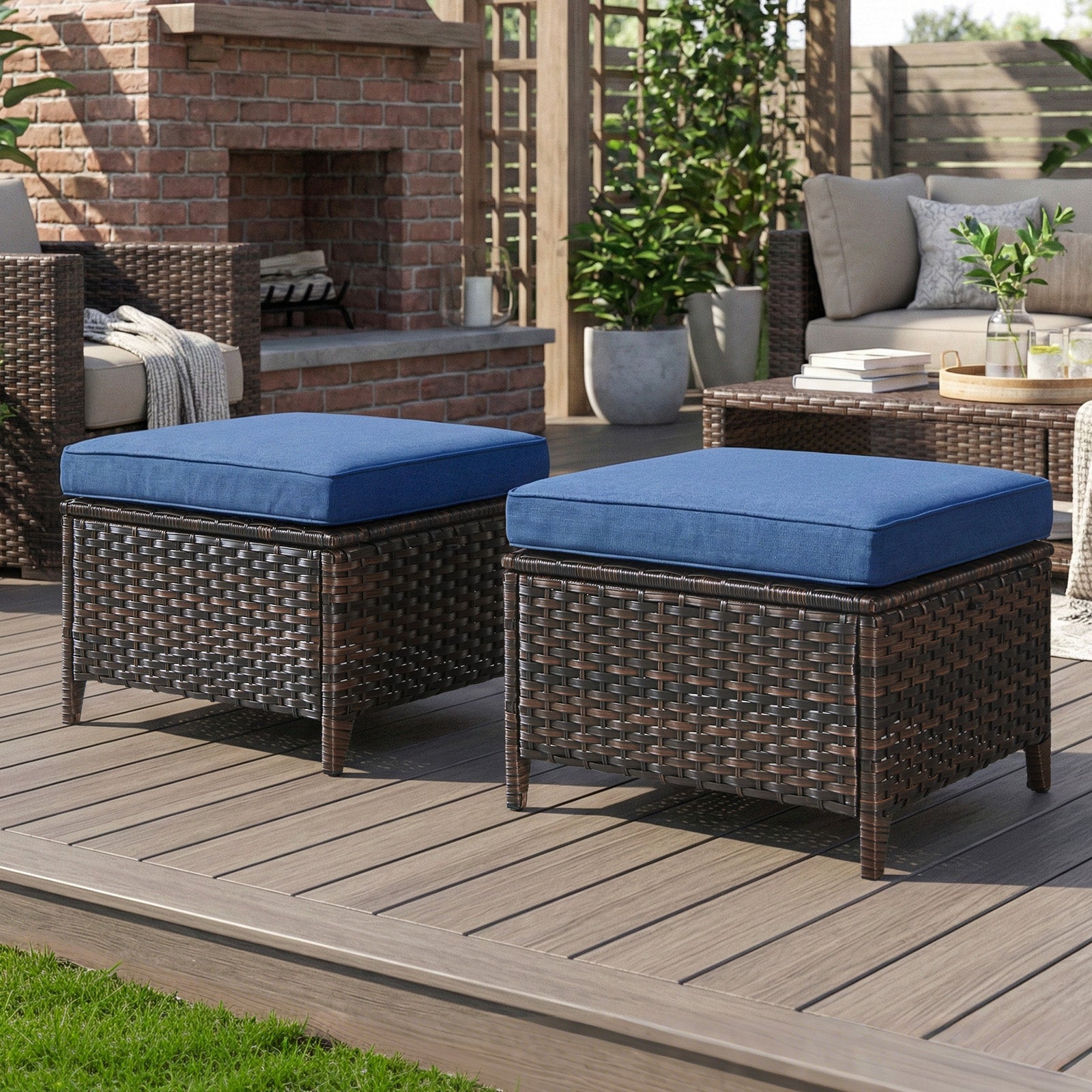 Gymojoy Outdoor Wicker Ottoman Set of 2, Patio Footstool Footrest with Cushions