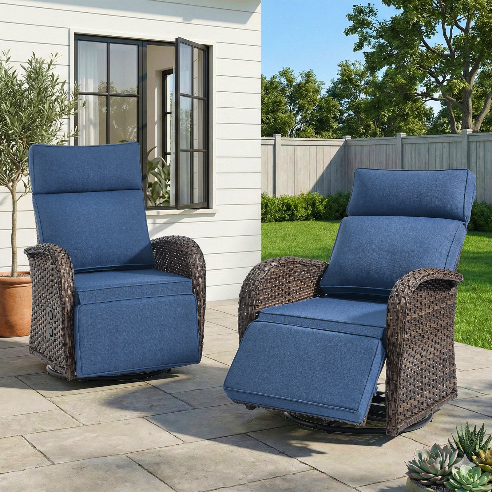 Gymojoy Outdoor Wicker Swivel Reclining Chair Patio Chaise Lounge Chair Recliner with Adjustable Backrest and Footrest for Pool Deck