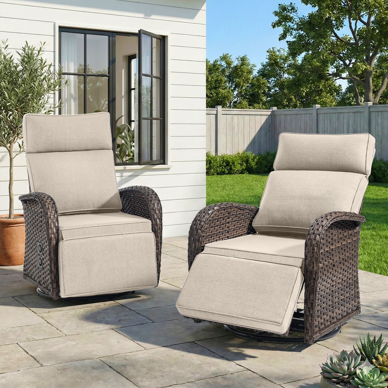 Gymojoy Outdoor Wicker Swivel Reclining Chair Patio Chaise Lounge Chair Recliner with Adjustable Backrest and Footrest for Pool Deck