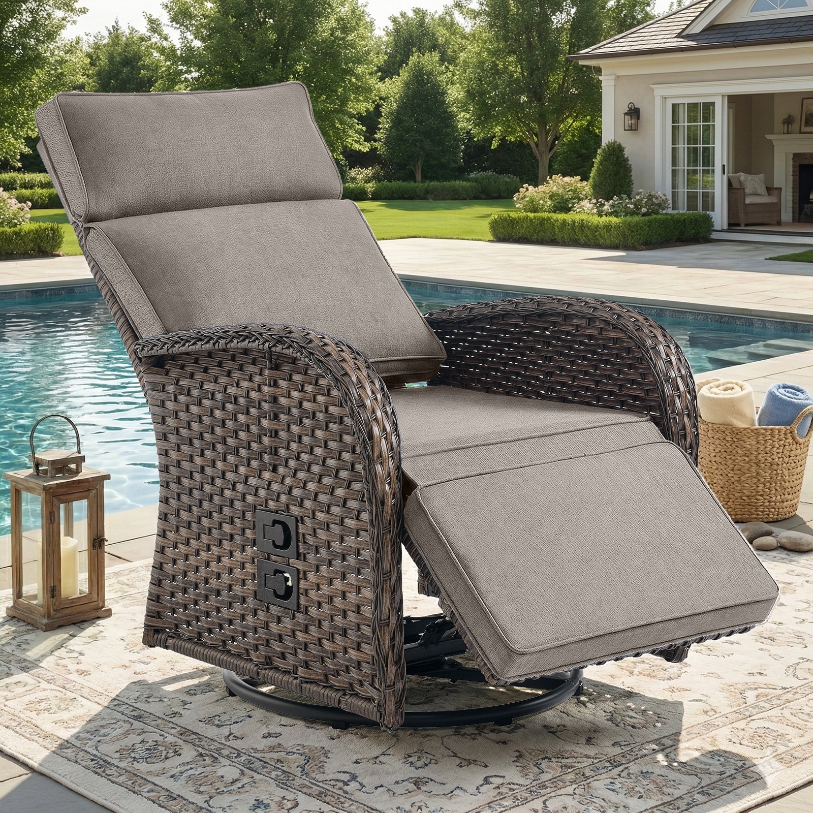 Gymojoy Outdoor Wicker Swivel Reclining Chair Patio Chaise Lounge Chair Recliner with Adjustable Backrest and Footrest for Pool Deck