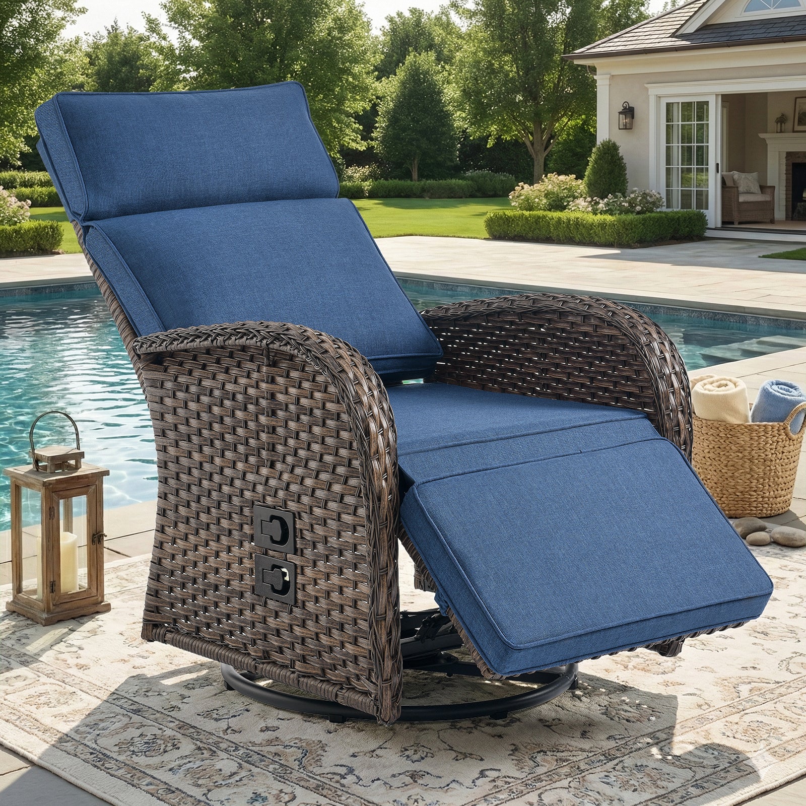Gymojoy Outdoor Wicker Swivel Reclining Chair Patio Chaise Lounge Chair Recliner with Adjustable Backrest and Footrest for Pool Deck
