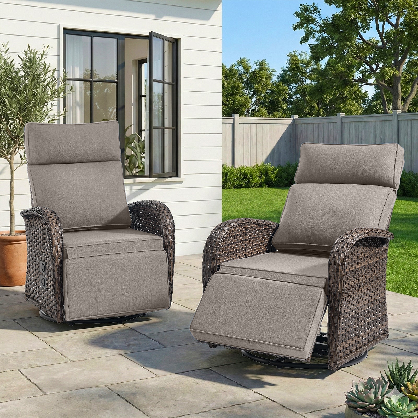 Gymojoy Outdoor Wicker Swivel Reclining Chair Patio Chaise Lounge Chair Recliner with Adjustable Backrest and Footrest for Pool Deck