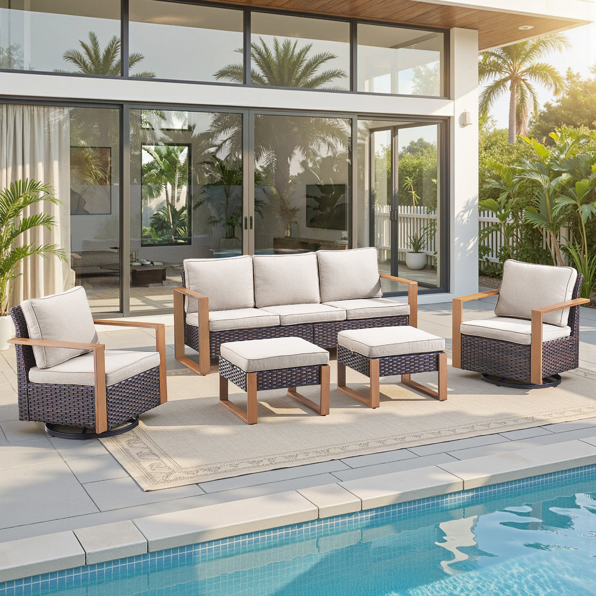 Gymojoy 5-Piece Wicker Patio Furniture Set with Swivel Rocker Chairs, Outdoor Patio Sofa Set with Anti-Rust Wide Metal Armrests for Deck Backyard Sunroom