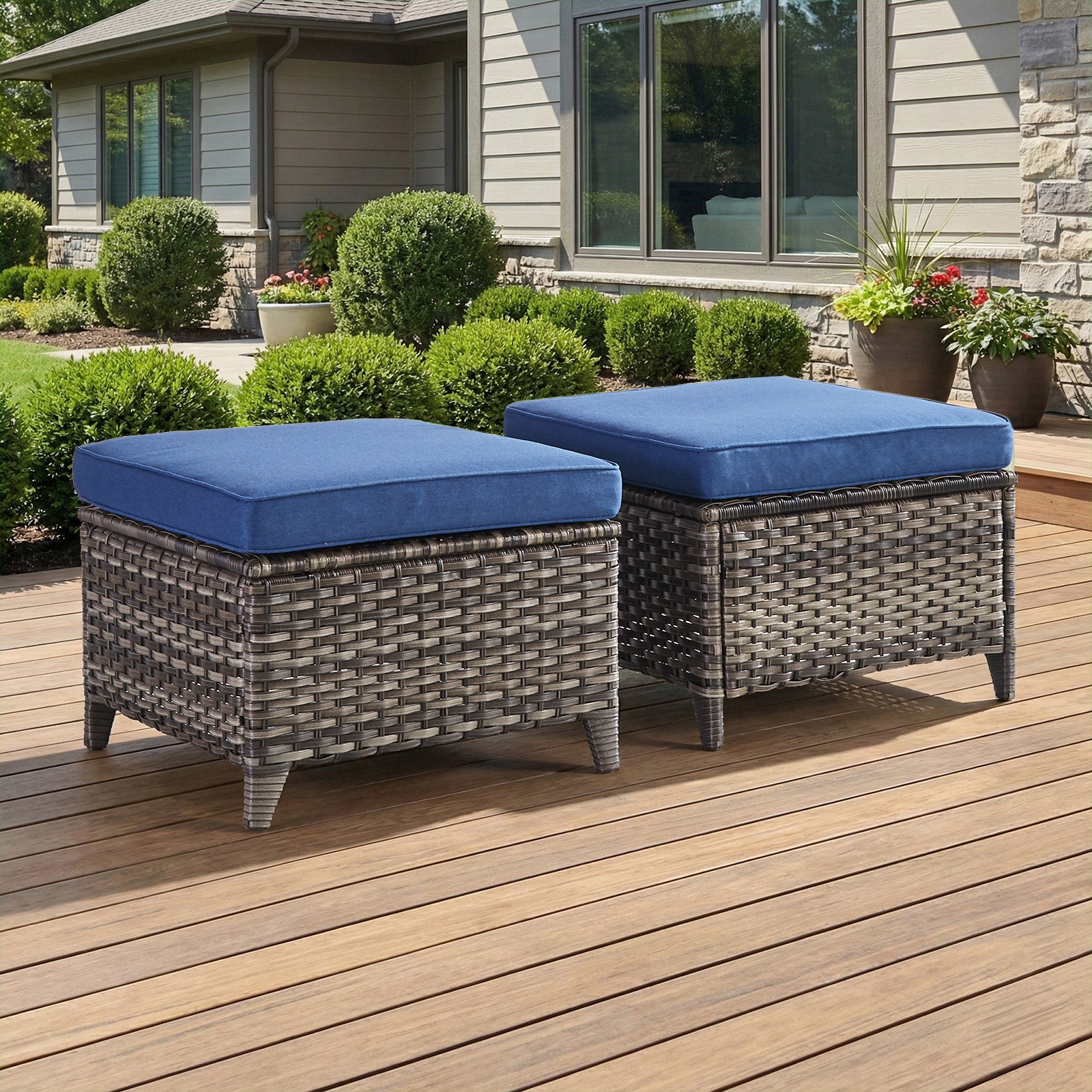 Gymojoy Outdoor Wicker Ottoman Set of 2, Patio Footstool Footrest with Cushions