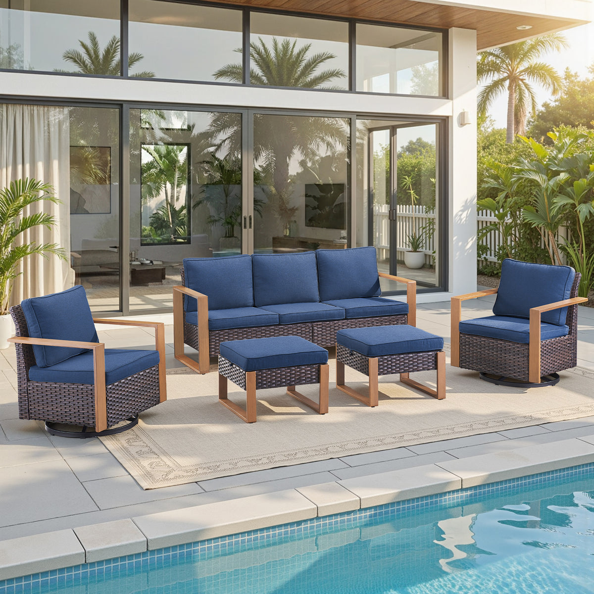 Gymojoy 5-Piece Wicker Patio Furniture Set with Swivel Rocker Chairs, Outdoor Patio Sofa Set with Anti-Rust Wide Metal Armrests for Deck Backyard Sunroom