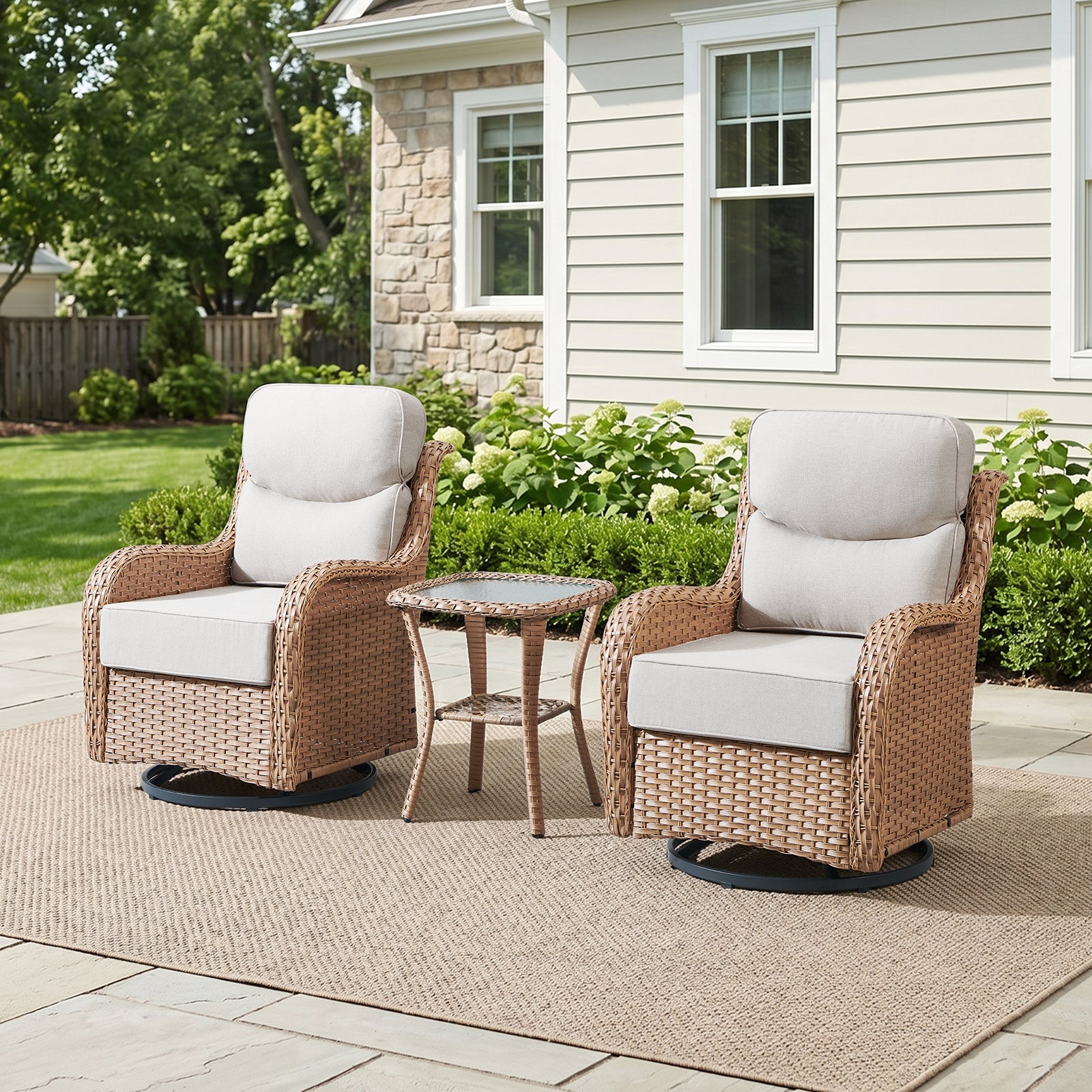 Gymojoy 3-Piece Wicker Swivel Rocker Patio Chairs Set with Side Table & 6" Cushions