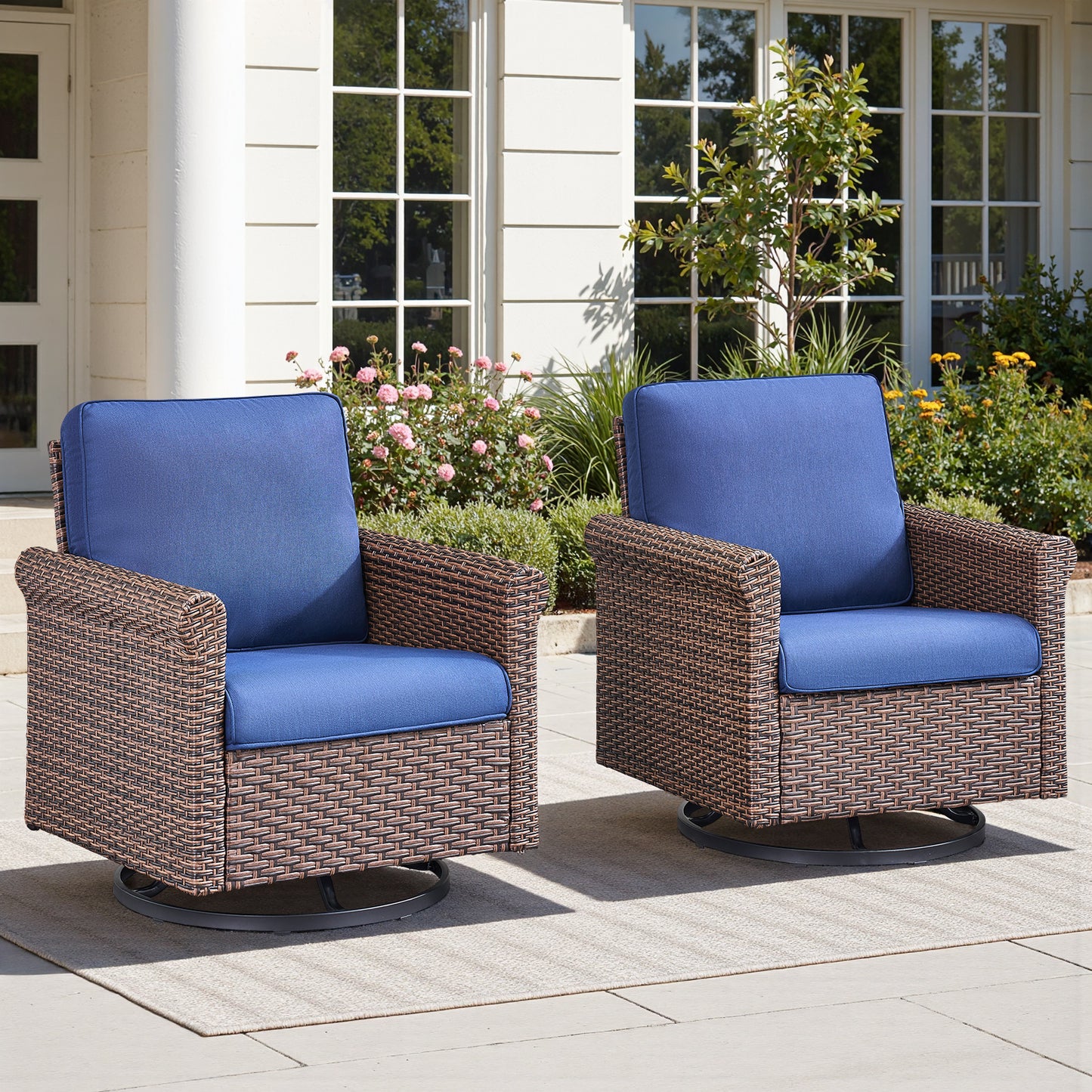 3-Piece Brown Wicker Patio Swivel Glider Outdoor Rocking Chairs with Side Table Olefin 4in. Thick Beige Cushions