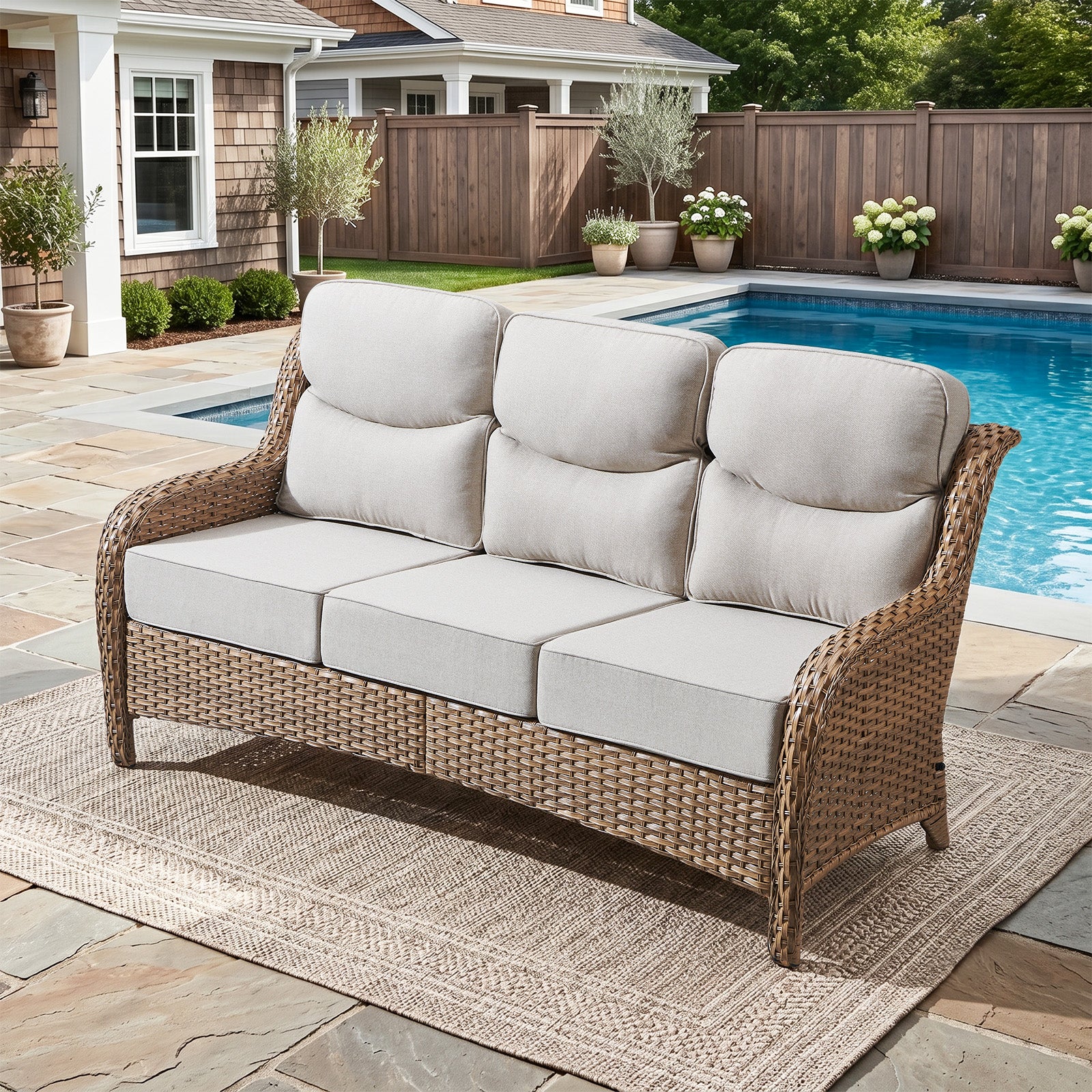 Gymojoy Outdoor Wicker Sofa High Back Patio 3-Seater Rattan Couch with 6'' Thick Cushions, Ideal for Porch, Poolside, Deck, Yard