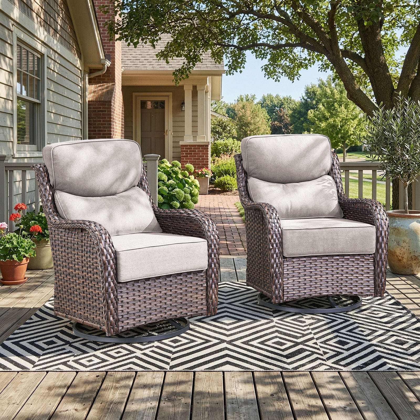 Gymojoy Outdoor Wicker Swivel Rocker Set of 2 with 6-Inch Thick Cushion, High Back Rattan Patio Swivel Gliders