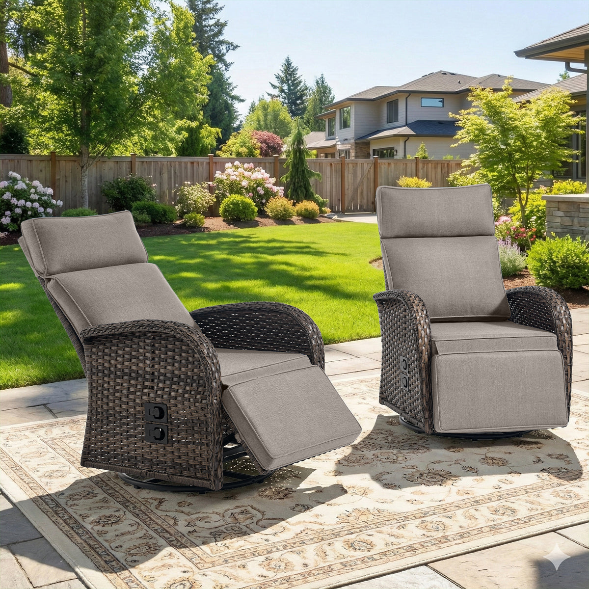 Gymojoy Outdoor Wicker Swivel Recliner Patio Chair Set of 2, Adjustable Backrest and Footrest All-Weather Chaise Lounge for Pool Deck Backyard